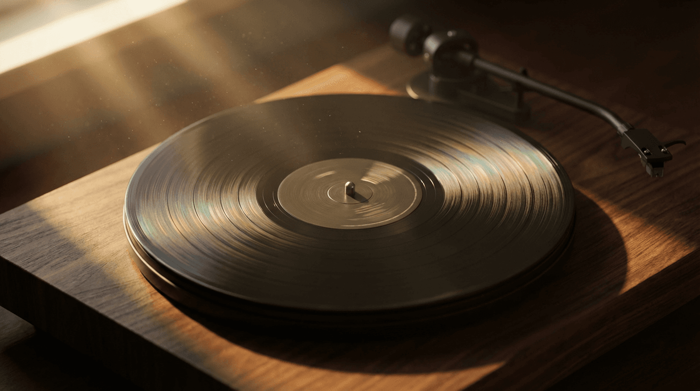 Anna Eberg concentrating on her mix with records nearby