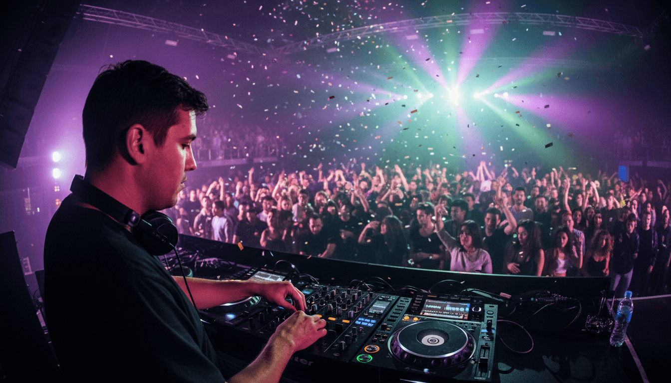 DJ Anna Eberg performing at a Brooklyn techno venue with vibrant stage lighting and engaged audience